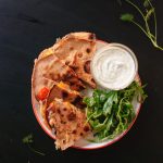 Tomato Olive and Chickpea Quesadilla with Dill Yogurt Dip